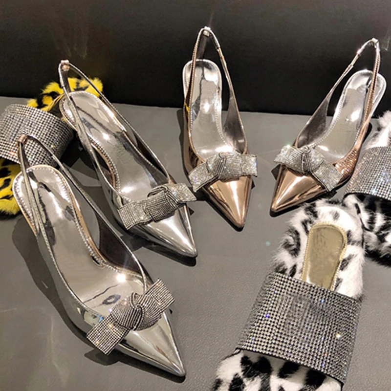 

New Women High Heels Shoes Mirrored Metallic Leather Crystal Bow Slingbacks Pumps For Wedding Party Rhinestone Sandals Woman