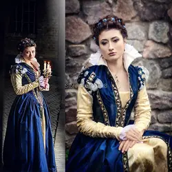 Классические брюки! синий французский герцогиня гражданская война театральной Southern Belle платье викторианской Colonial Средневековый Ренессанс