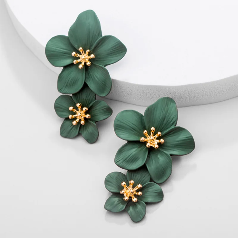 New Romantic Stoving Varnish Long Flower Drop Earrings For Women Lady's Elegant Yellow Green Flower Statement Earring