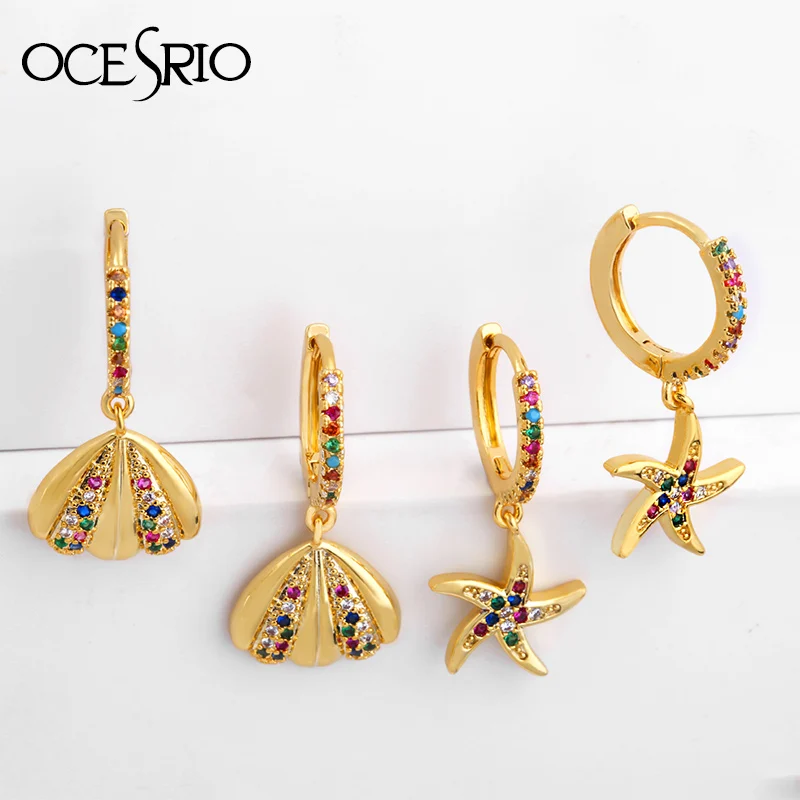 

2019 New Rainbow Earring For Women Mix Colorful Starfish Shell CZ Gold Drop Earrings Fashion Summer Punk Style Jewelry ers-q66