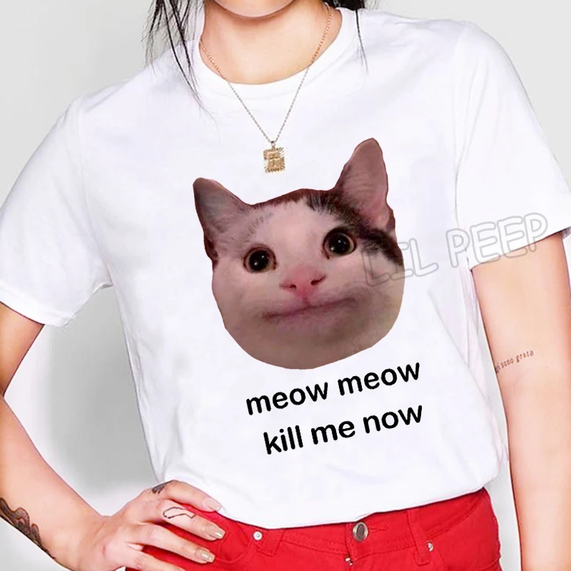 

Polite Cat Meow Meow Kill Me Now Funny T Shirts Aesthetic 100% Cotton Women Clothes 2019 Punk Kawaii Print 90s Streetwear