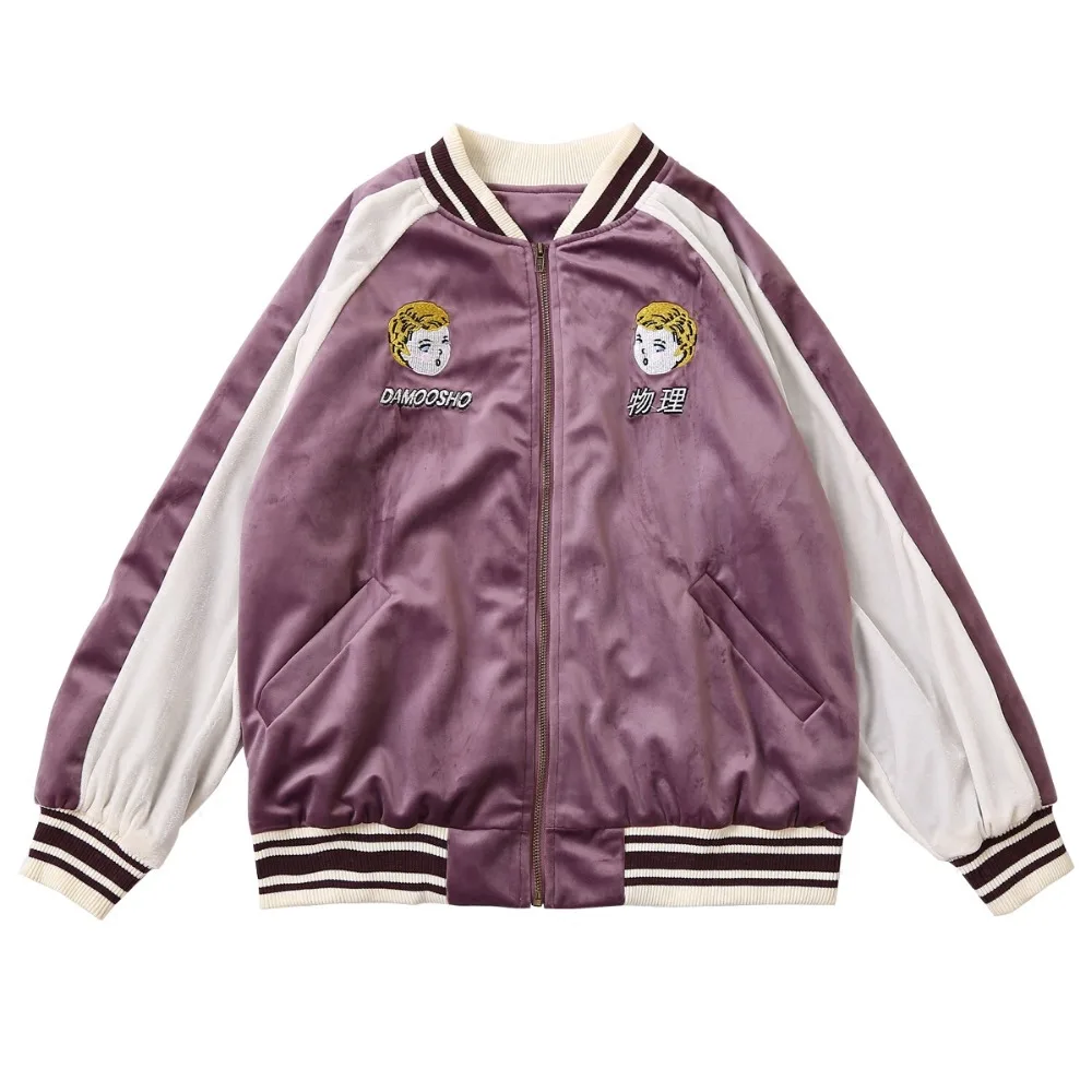 

Autumn Winter Women Velvet Thick Coat Baseball Uniform Jackets Patchwork Color Cartoon Embroidery New Design Ladies Basic Jacket