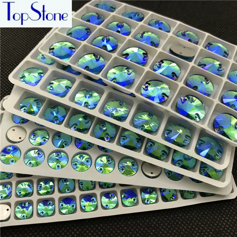 

All Size Aquamarine AB Rivoli Sew On Stone Flatback Round Glass Crystal sew On Rhinestone wedding dress DIY Garment Crafts
