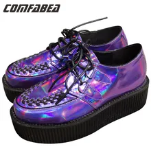 A.O.D Big size 35~43 Four Seasons Womens Punk Gothic Rock Double Platform Creepers Shoes Lace UP Purple laser hologram Shoe