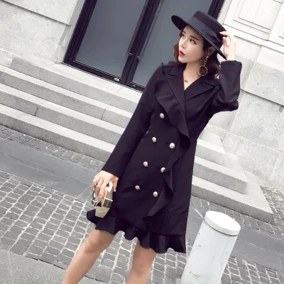 

Fall suit dress long blazer ruffles chiffon slim blazer dress double breasted medium-long style long sleeve faomal dress