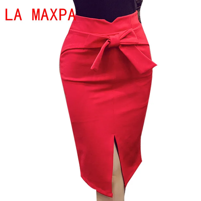 

Women Pencil Skirt Plus Size Autumn Winter New Fashion Knee Length High Waist Casual Bodycon Skirt Elegant Open Slit Bow Skirt