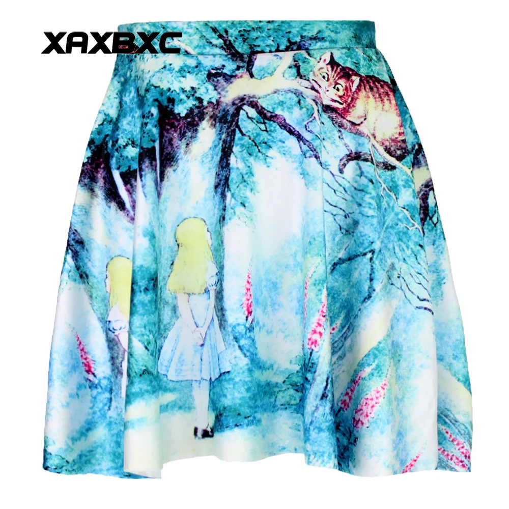 

NEW 1047 Summer Sexy Girl Alice in Wonderland Cheshire cat Printed Cheering Squad Tutu Skater Women Mini Pleated Skirt Plus Size