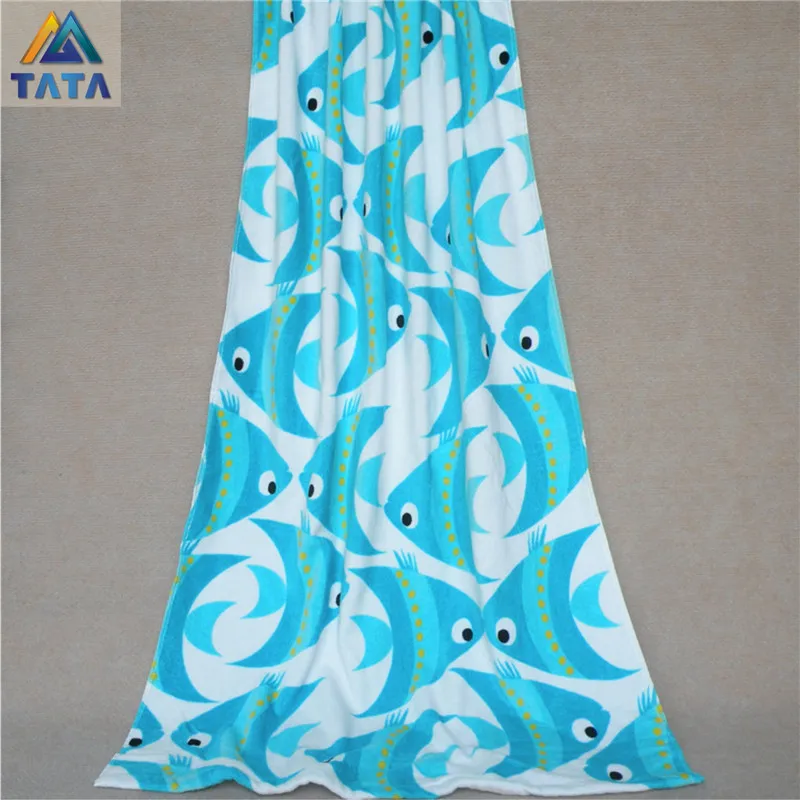 TATA Free Shipping Children Beach Towel Fish Pattern 150x75cm 100 Pure