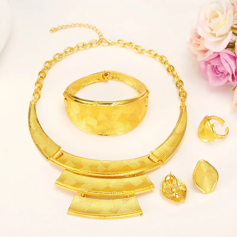 New Noble Real Solid gold Jewelry Sets 4 24k Yellow Neck circle