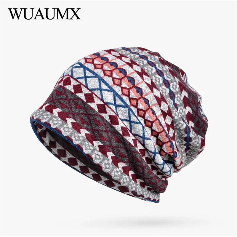 Wuaumx Повседневное теплые шапочки Шапки для Для мужчин Для женщин осень-зима Многофункциональный тюрбан шляпа плюс бархат плед печати шапки