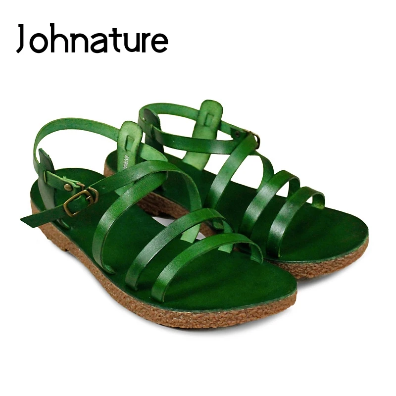 

Johnature 2019 New Summer Genuine Leather Handmade Retro Casual Solid Buckle Strap Comfortable Flat Women Sandals