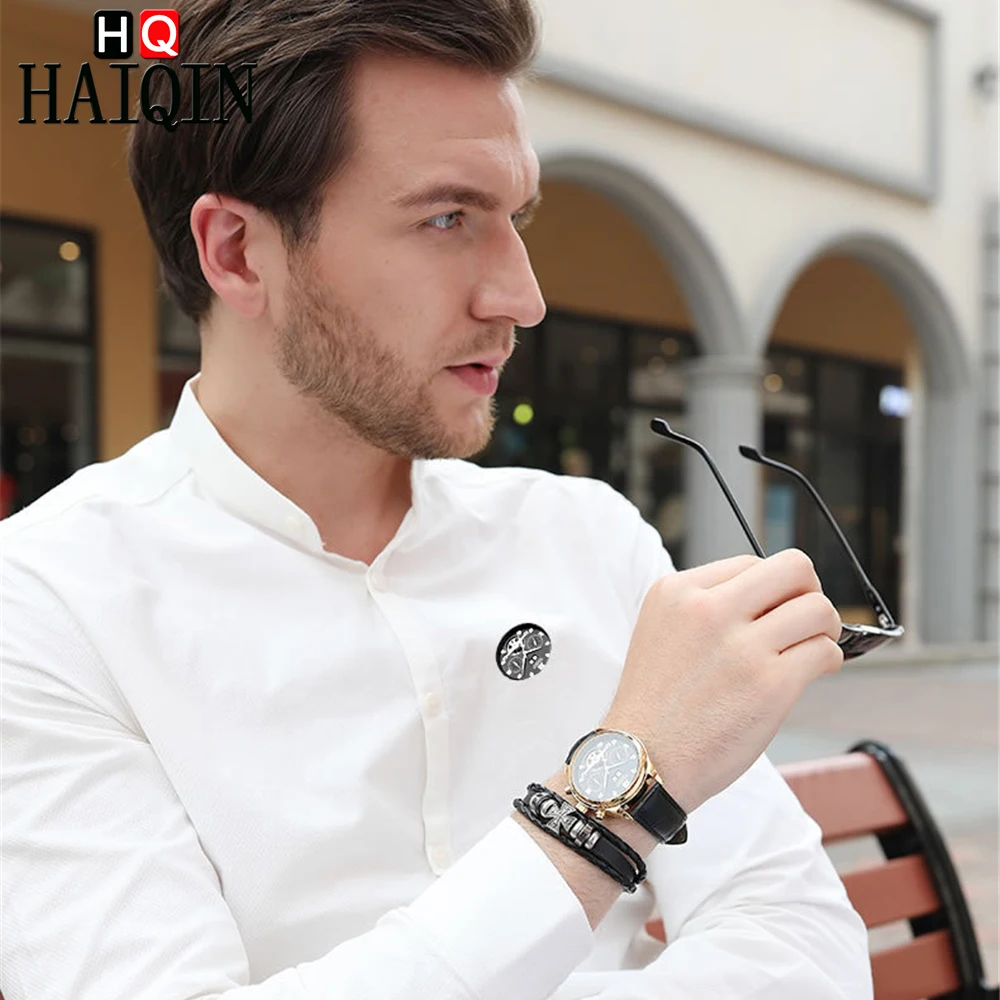 HAIQIN Men Watch Luxury Bussiness Automatic mechanical Watch men Leather Waterproof Male Wristwatch Calendar Self-winding Clock 