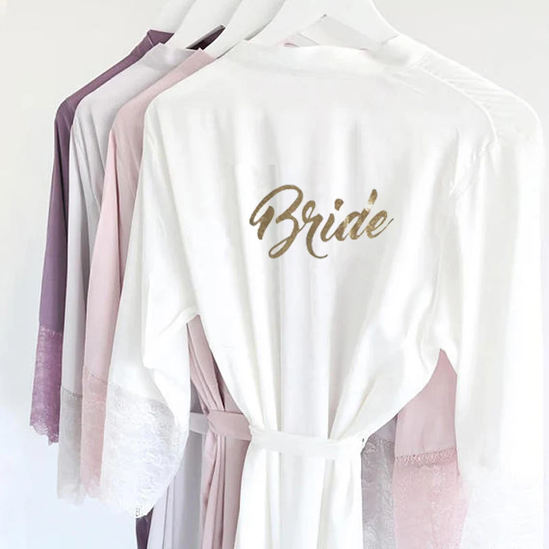 

R18 Sexy Satin Lace Trim Kimono Bridal Robes Gold Glitter Bride Bridesmaid Nightwear Nightgown dress Party Sleepwear for Women