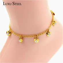 High Quality Stainless Steel Jewelry Heart Pure Shining Crystal Gold Colour Charm Women Anklets For Party