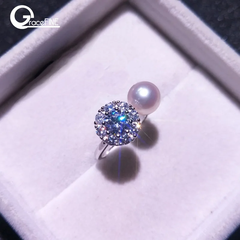 

High Quality White natural freshwater Pearl Crystal Zircon Women 925 Sterling Silver Ring for Women Jewelry Male Adjustable Size