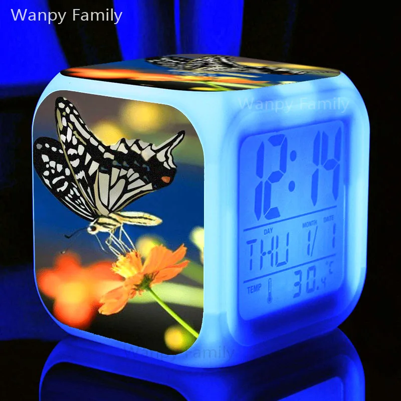 Цветы бабочки Будильник 7 цветов светодиодный светящийся цифровой сигнализации Часы для детской комнаты Desktop многофункциональный Flash Watche часы - Цвет: Оранжевый