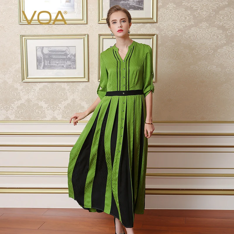 

VOA 2017 Summer Army Green Silk Jacquard Women Plus Size Maxi Dress Autumn V-neck Elegant Vintage Pleated Long Dress A7010