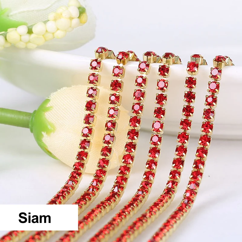 3yards/piece 17colors glass crystal Rhinestones chain, Gold bottom sew on Cup Chains For diy Sewing Clothes Accessories