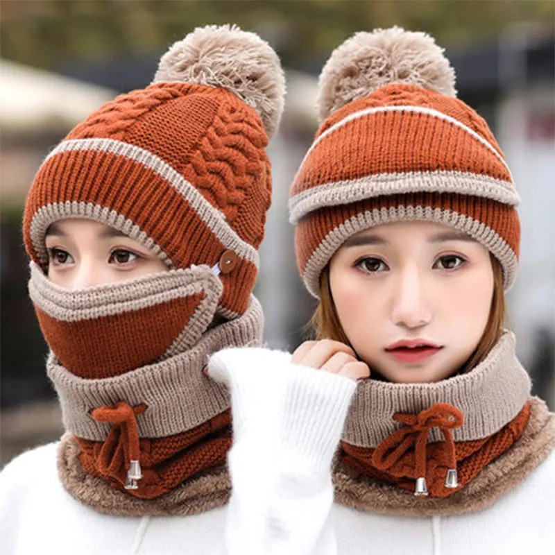                         beanie women winter hats for women skullies beanies for ladies winter beanie hat solid pink black hat scarf set hat neck warmer mask (11)