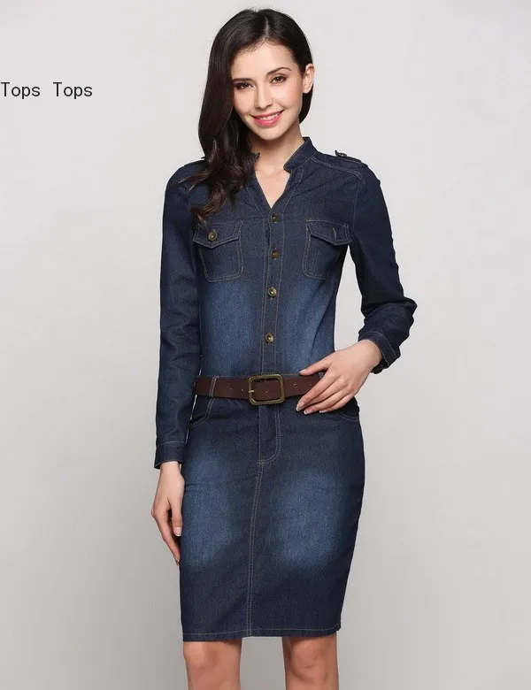 FANALA Women Summer Dress 2017 Fashion Bodycon Denim Dresses Long Sleeve V Neck Front Button Belted Office Pencil Vestidos |
