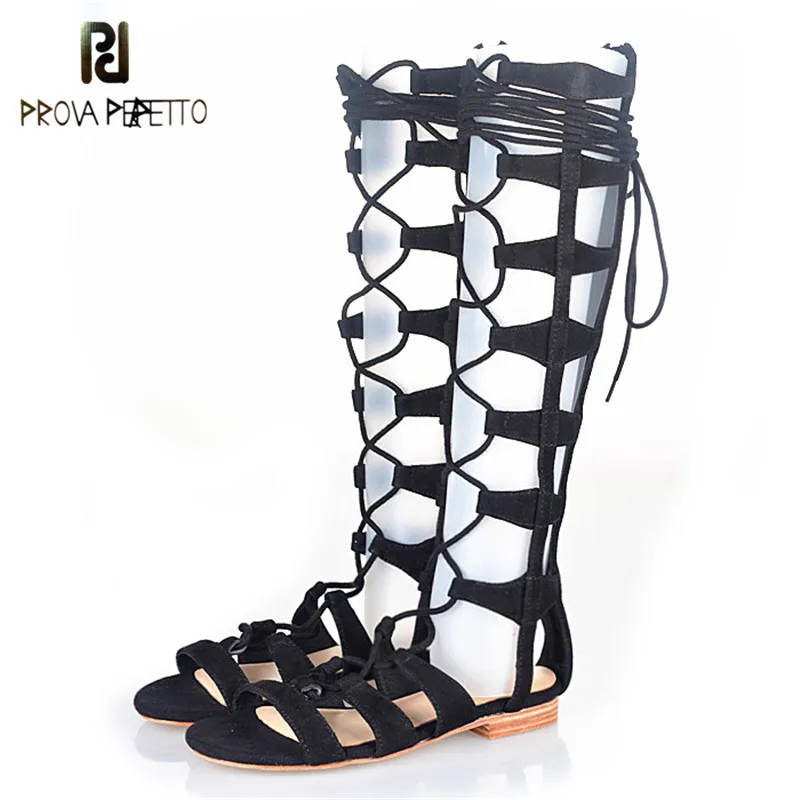 

Prova Perfetto Gladiator Design Cross-tied Peep Toe Hollow Out Low Heel Woman Sandals Elastic Genuine Leather Lace Up Sandals