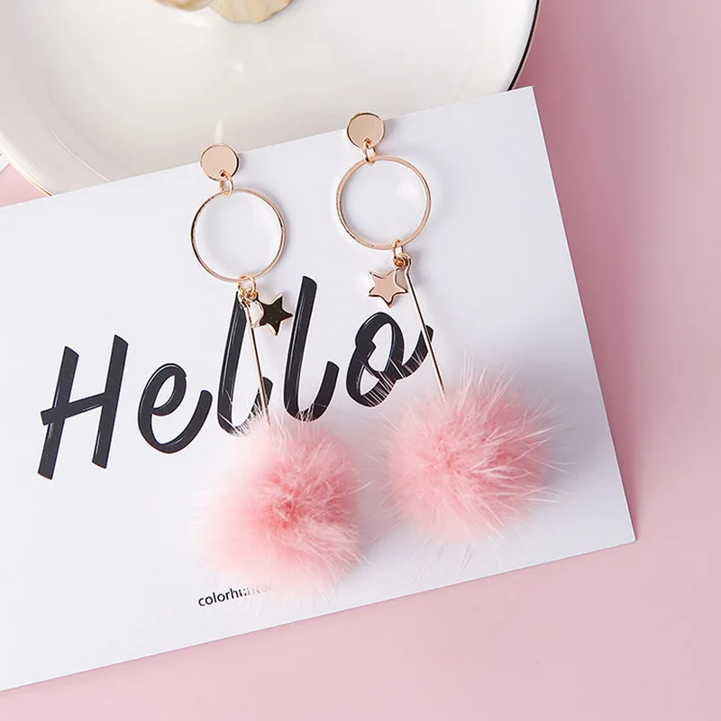 Pink YWUULI зимний норковый мех звезда серьги для женщин геометрический шар-помпон Подвеска Серьги модные ювелирные изделия MJ233 - Окраска металла: Pink