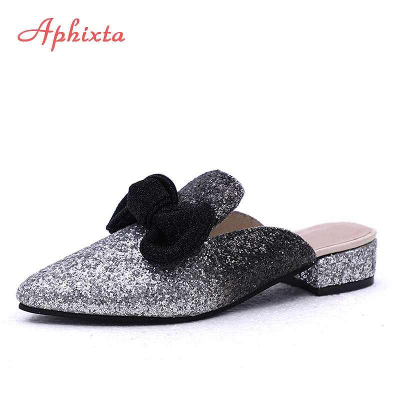 

Aphixta Summer Pointed Toe Women Slippers Shoes Square Heels Butterfly-knot Bling Sequined Cloth Flip Flops Big Size Woman Shoes