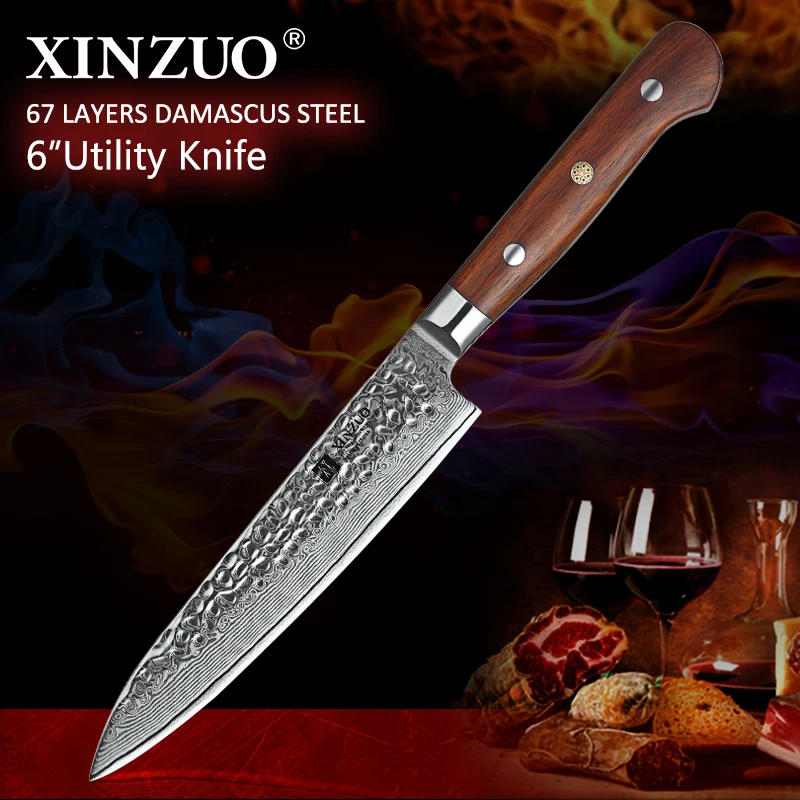 

XINZUO 6'' Utility Knife vg10 Damascus Steel Kitchen Utility Knives for vegetables Rosewood Handle Stainless Steel Paring Knife