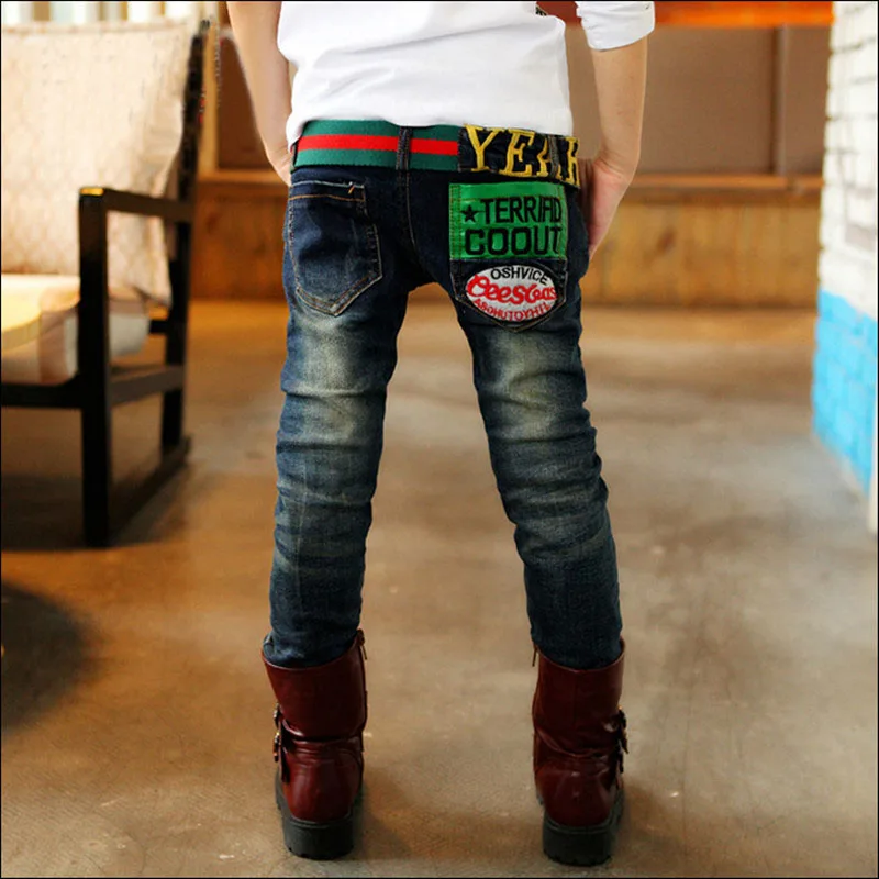 Autumn winter Fashion Letter Thicken Jeans for Boys Elastic Waist Light Wash Kids Boy Jeans Children