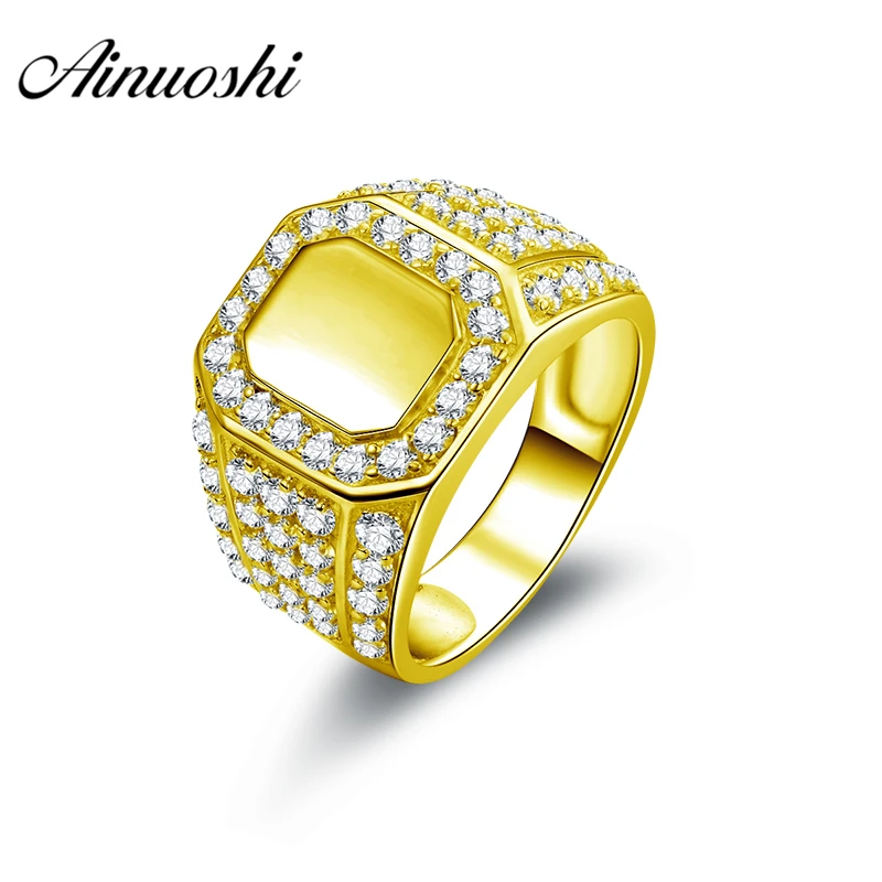 

AINUOSHI Generous Smooth Gold Men Ring 10K Solid Yellow Gold Rectangle Halo Ring Engagement Wedding Jewelry 9.6g Wedding Band