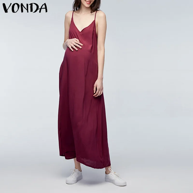 

VONDA Maternity Clothings 2019 Summer Casual Loose Maxi Long Beach Dress Pregnant Women Beach Pregnancy Wear Solid Vestidos