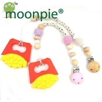 set of personalized baby name pacifier clip,silicone potato chips BPA FREE food grade wood beads dummy chain, shower gift NT182