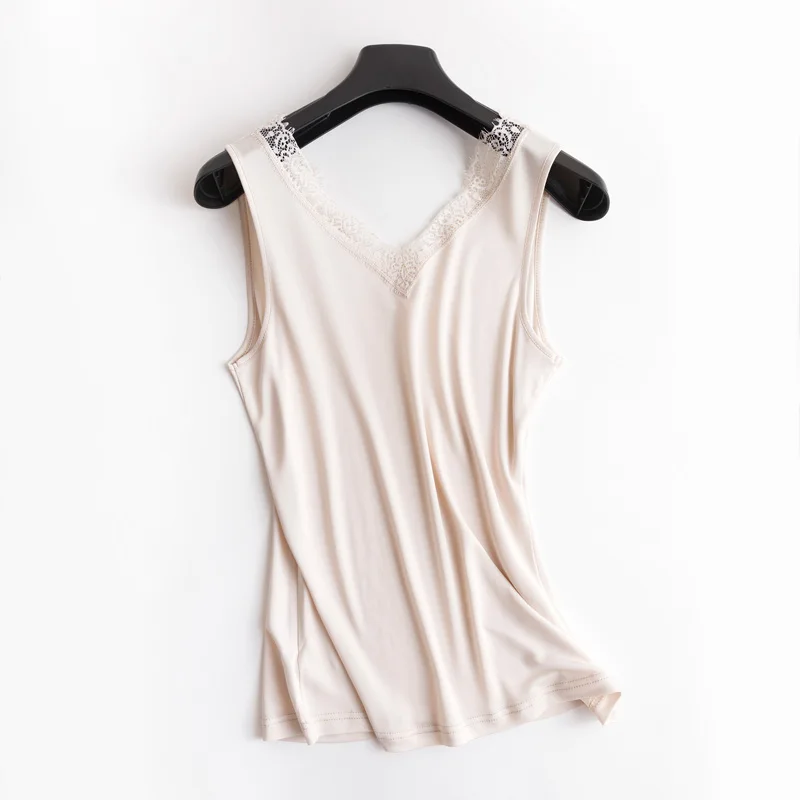 

Woman Spring Lace Silk Tanks Female Summer Thin Silk Tops Lady Breathable Hedging Silk Tees Women Solid V-neck Silk Shirts