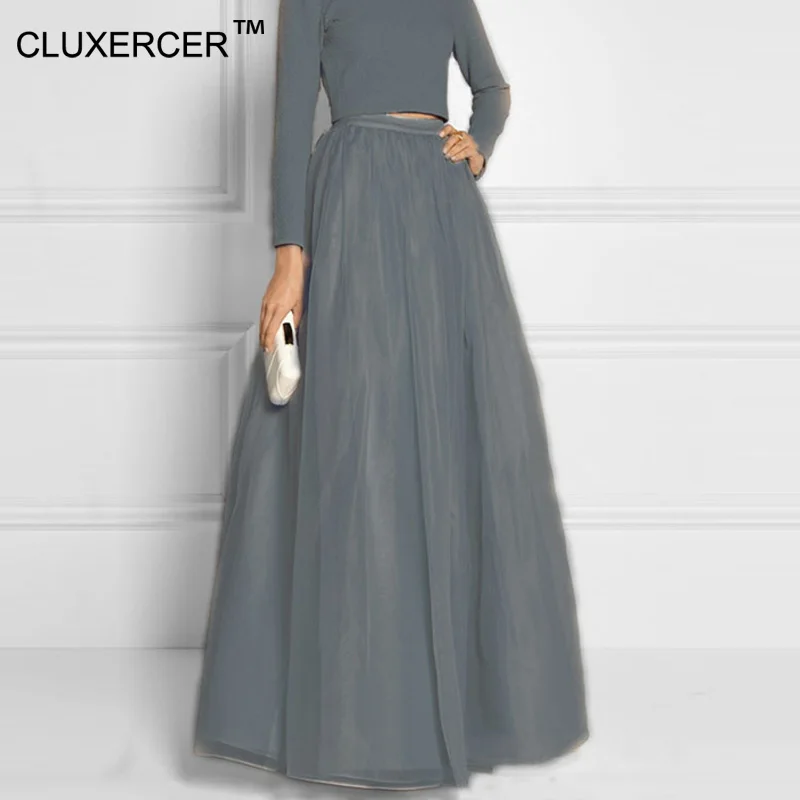

CLUXERCER Brand High Quality Women Organza Long Skirt Dreamlike Grey Skirts Floor Length Layered Tulle Long Skirt Maxi Skirt