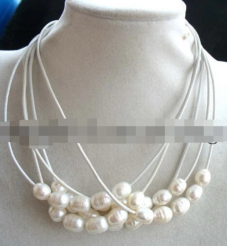 

N 5strands white freshwater pearl and white leather necklace Discount AAA