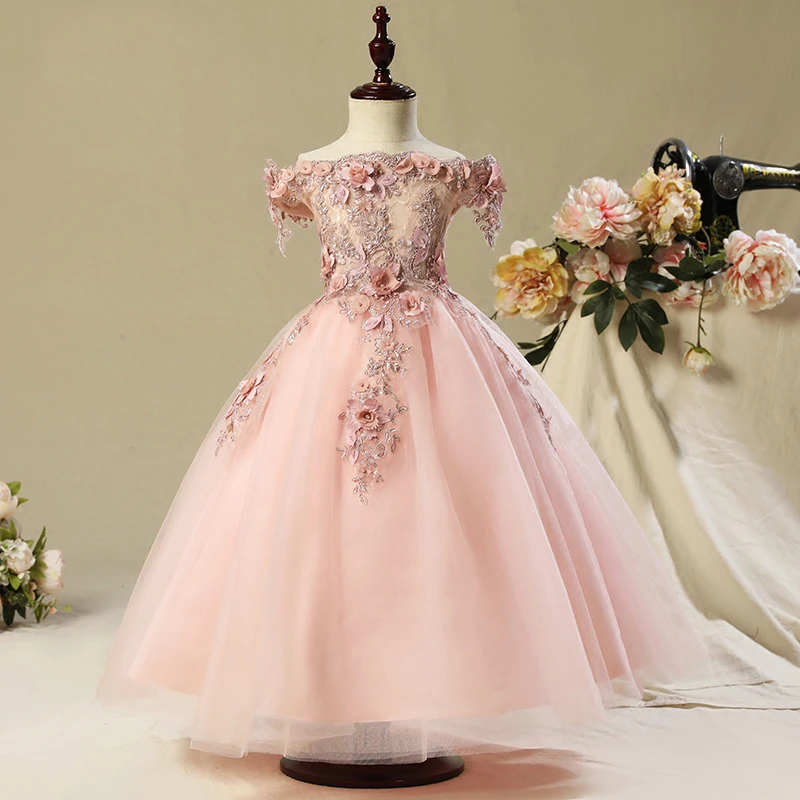 

5 Colors Shoulderless Ball Gown Flower Girl Dresses for Wedding Beading Appliques Floor Length Girls First Holy Communion Dress