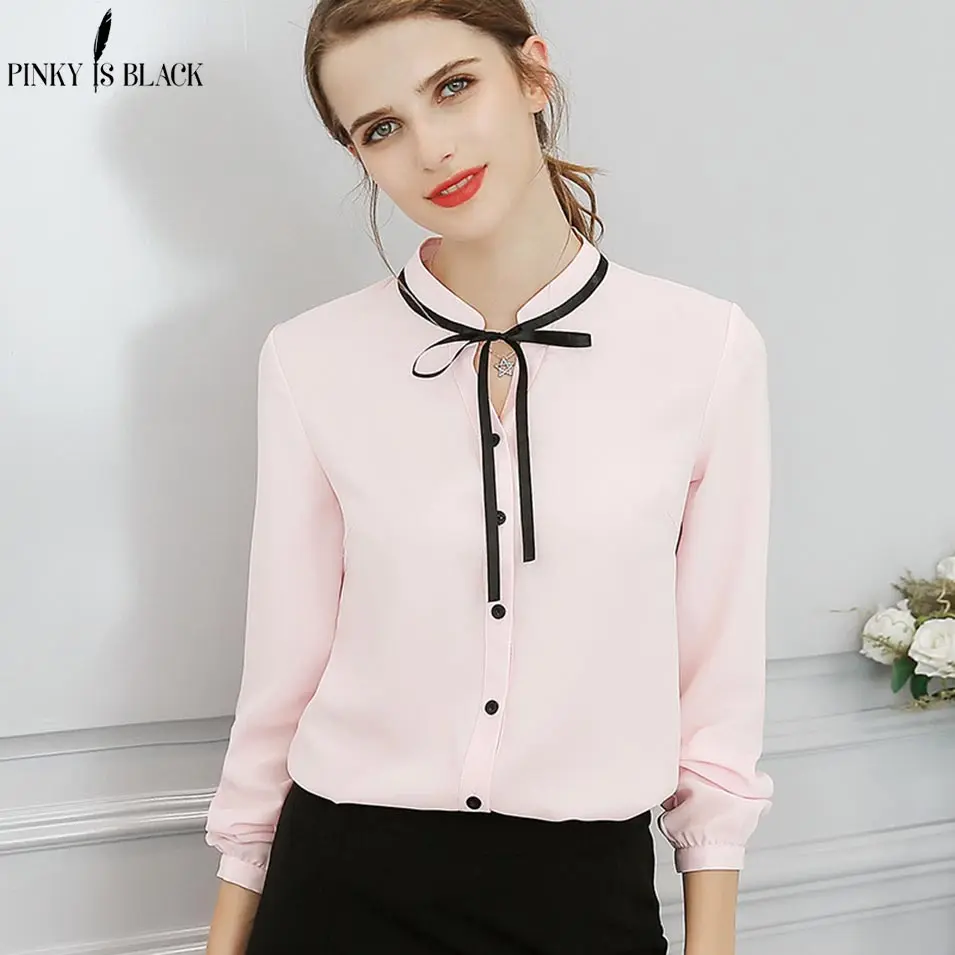 

Pinky Is Black Office Bow Tie Blouses Women Long Sleeve White Shirts Female Elegant Tops 2018 Summer Casual Basic Shirts Blusas