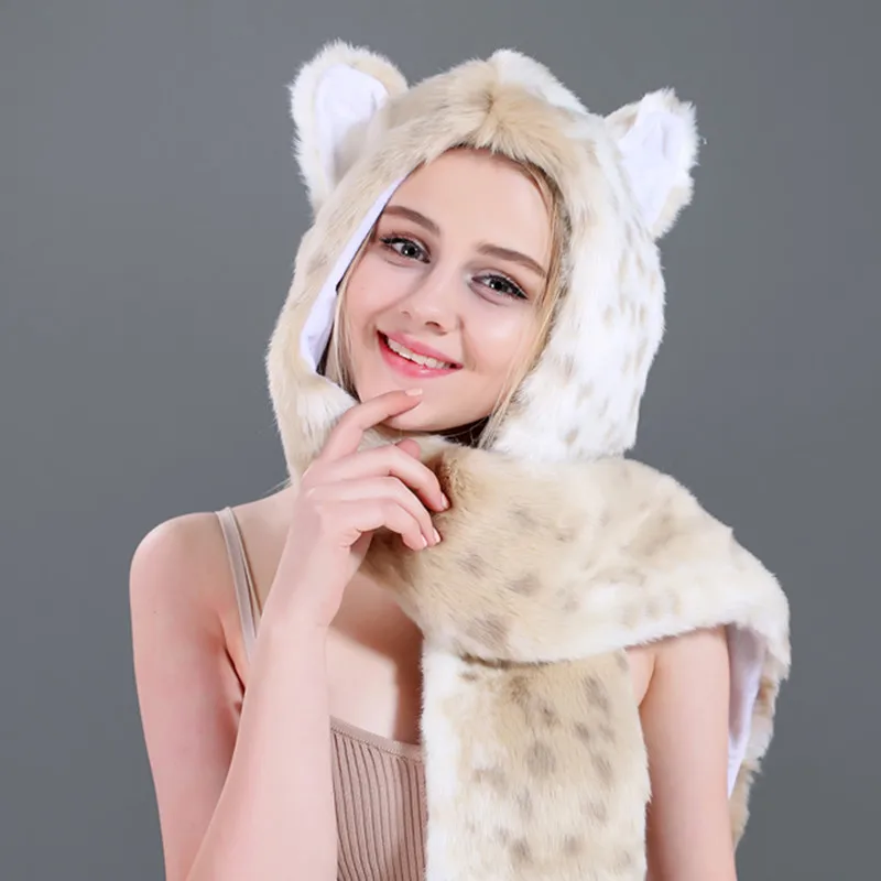 Для женщин Модные леопардовые уши лапы Искусственный мех 3 в 1 Для женщин шапка шарф варежки Зимние теплые Кепки шарф с капюшоном
