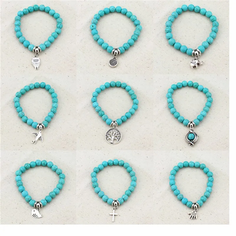 

Hot Boho Vintage Turquoises Charms Bracelet Men Lovely Tree Snake Owl Pendants Bracelets Bangles for Women Bracelet Jewelry