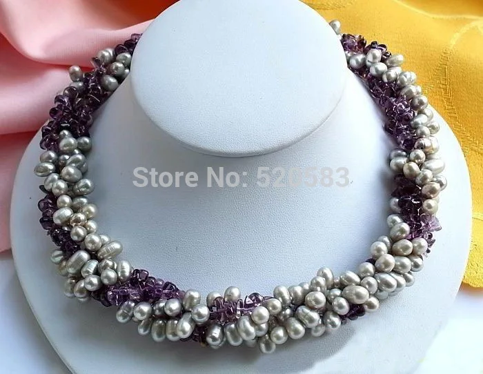 

4ROW 17" RICE GRAY FRESHWATER PEARL AMETHYST NECKLACE