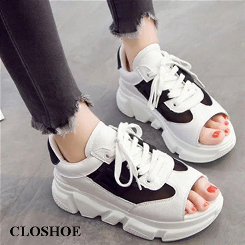 

CLOSHOE Sandal Female Fish Mouth Sponge Cake Thick Bottom Movement Summer New Style Joker Student Net Shoe