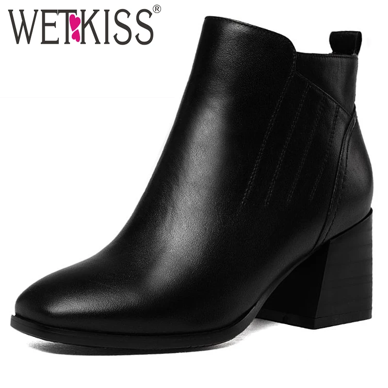 Genuine Leather High Quality Stylish Ankle Boots Square Toe Hoof High Heels Add Fur Fall Winter Boots Shoes Woman Size 34-43