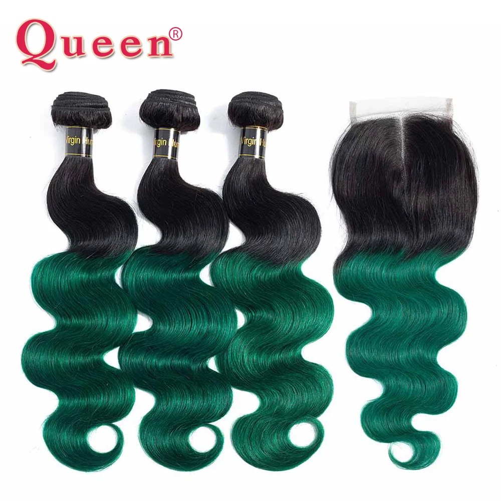 

Queen Hair Products Brazilian 1B/Green Two Tone Ombre Body Wave Bundles With Closure 3 Bundles Human Weave Hair With Closure
