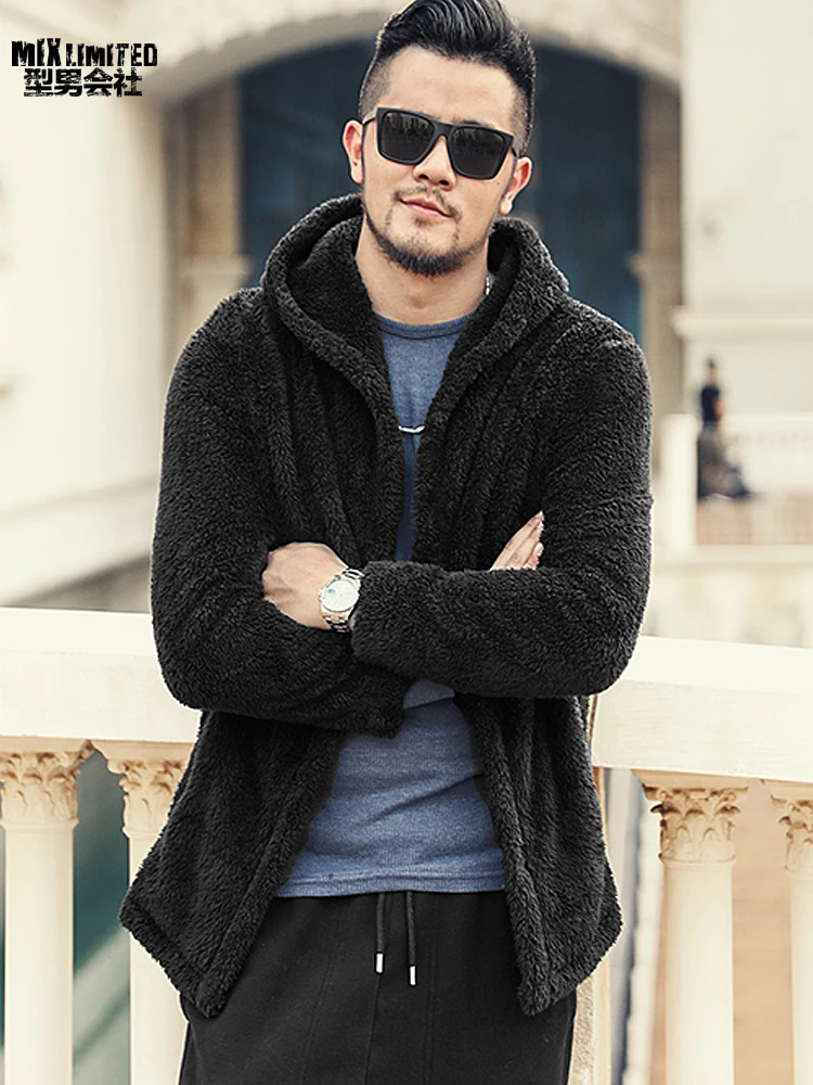 

Men's Thickened Warm Plush Hooded Black Cardigan Fleece Men's European Style Winter Brand Knitwear Cashmere Knit Cardigan F8197