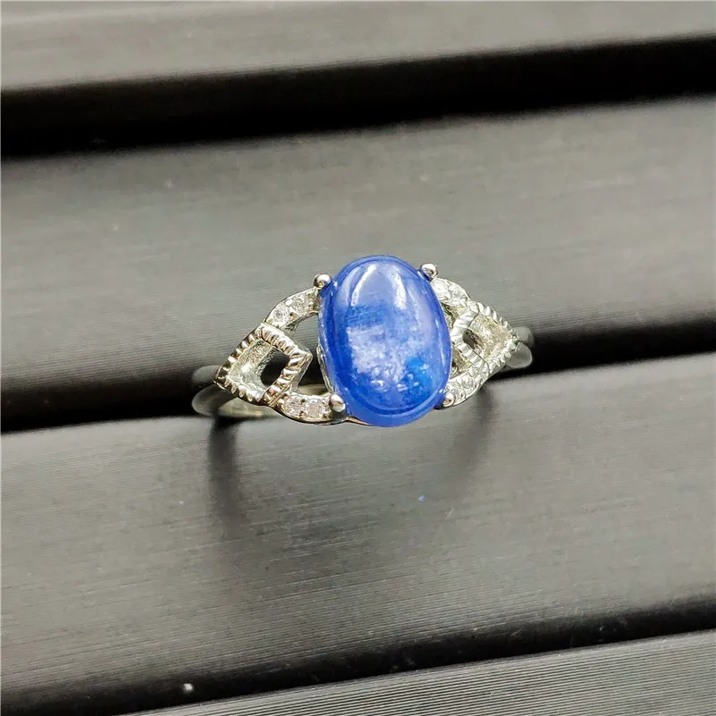 

Natural Kyanite Ring Healing Shape Woman 9x7mm Cat Eye Party Anniversary Luxury Jewelry AAAA Silver Sterling Adjustable Rings