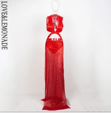Любовь и лимонада, v-образный вырез, с вырезами Перекрещенные-образный эластичный блёстки длинное платье LM81019 - Цвет: RED