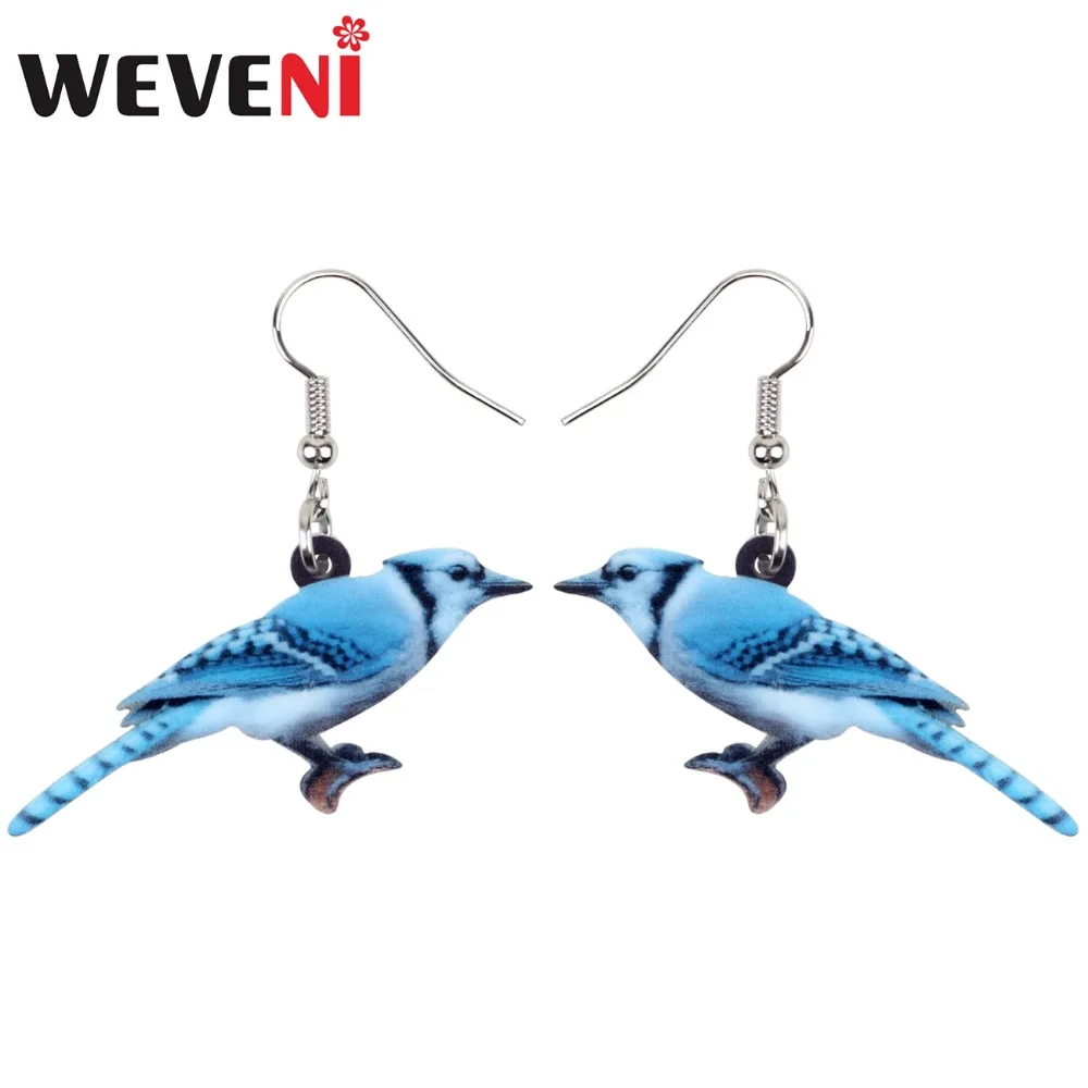 WEVENI Acrylic Sweet Blue Jay Bird Earrings Big Long Dangle Drop