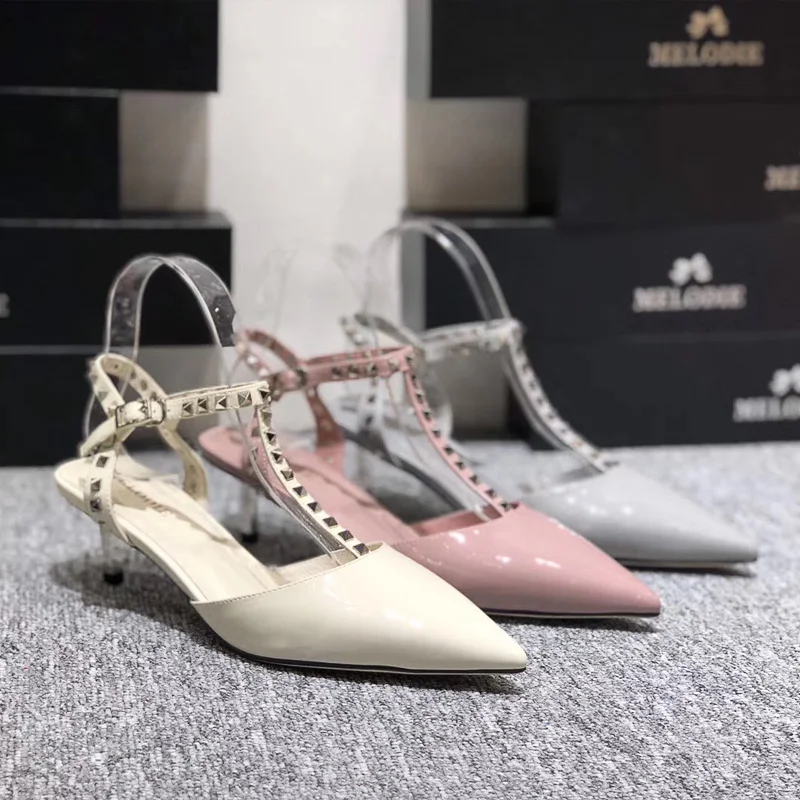 

MELODIE 2019 Patent Leather T-Strap Rivet High Heels Shoes Woman Genuine Leather Pointed Toe Thin Heels Women Shoes MCJ166