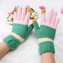 Children Accessories Patchwork Knitting Mittens Winter Gloves Women Girl Sweet Rainbow Wool Glove Warmer Guantes Touch Screen