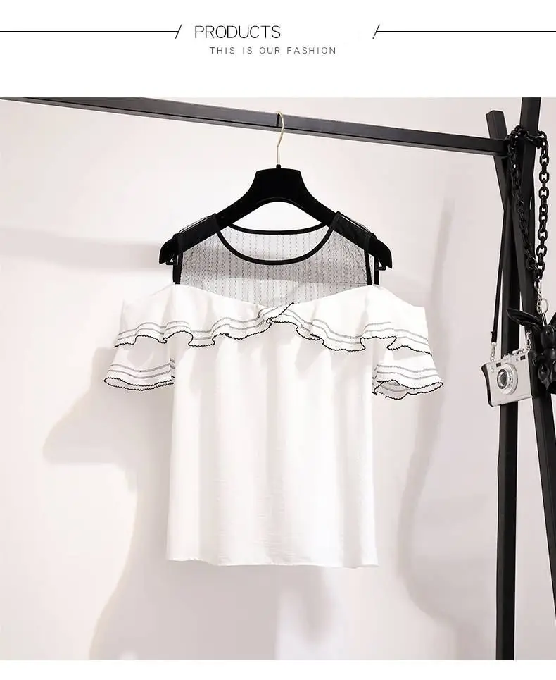 Летняя женская сетчатая Лоскутная рубашка с оборками и открытыми плечами+ джинсовая Асимметричная юбка в стиле пэчворк женский милый комплект для вечеринки Z209